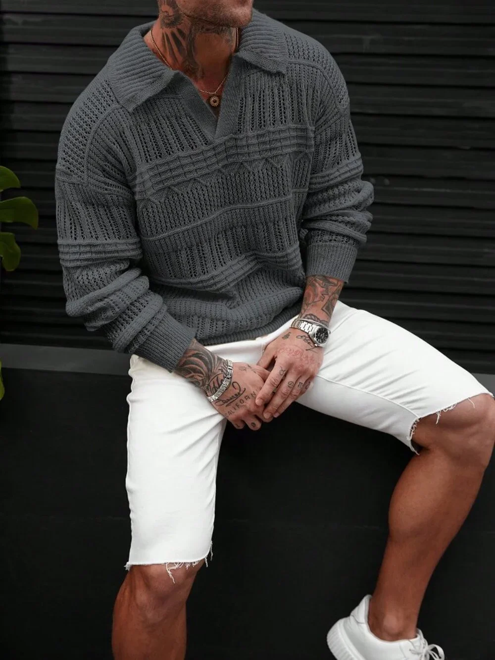 Grey Loose Casual Men's Long Sleeve V Neck Drop Shoulder Knit Sweater